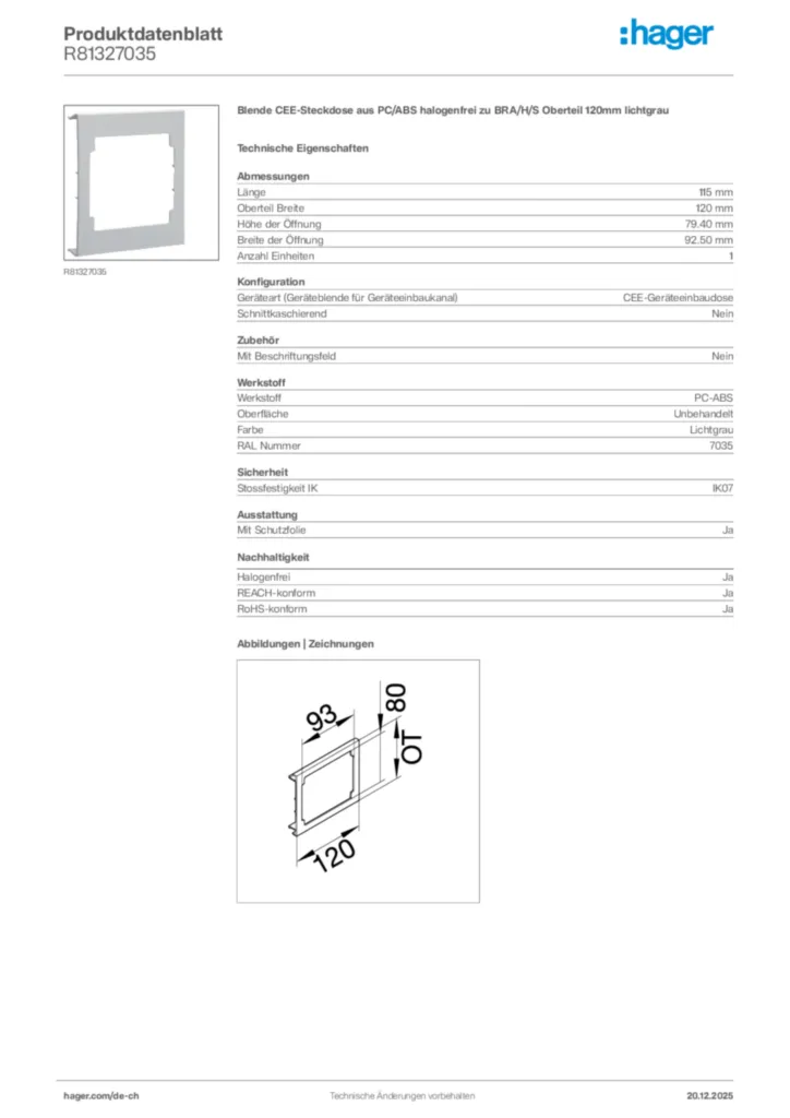 Bild Hager Produktdatenblatt R81327035 | Hager Schweiz