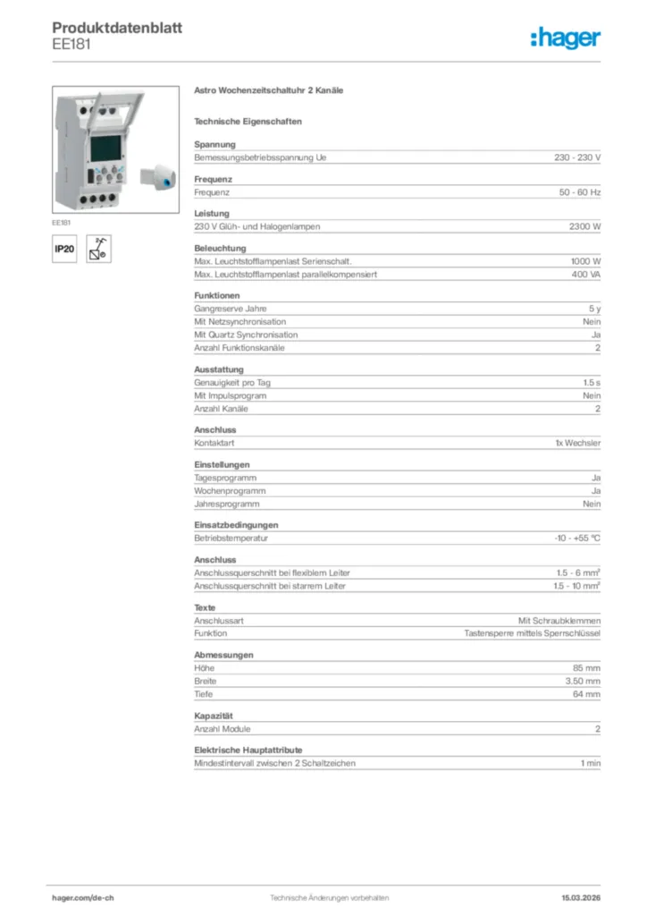 Bild Hager Produktdatenblatt EE181 | Hager Schweiz
