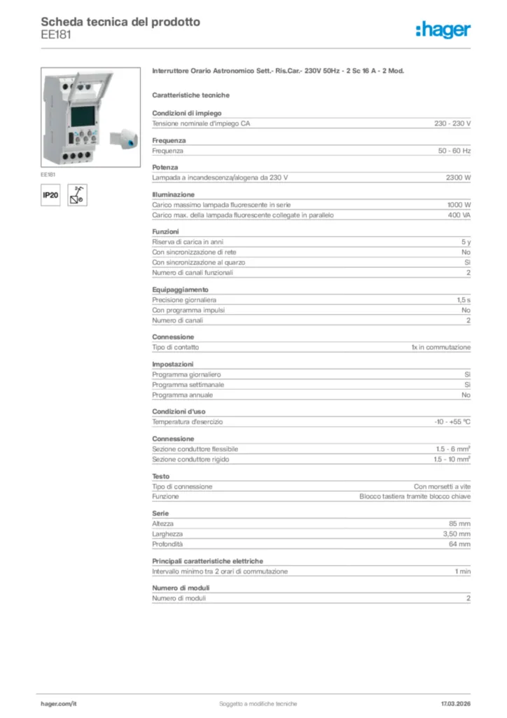 Immagine Hager Scheda tecnica del prodotto EE181 | Hager Italia