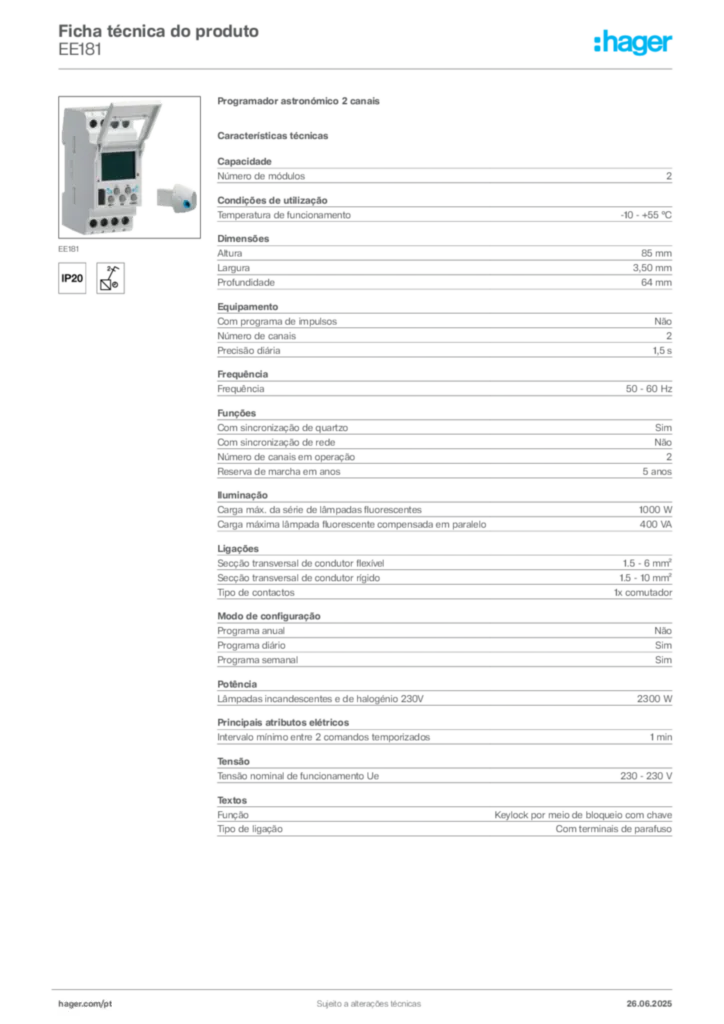 Imagem Hager Ficha técnica do produto EE181 | Hager Portugal