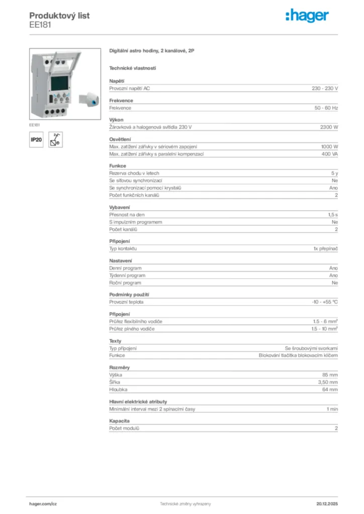 Obrázek Hager Produktový list EE181 | Hager