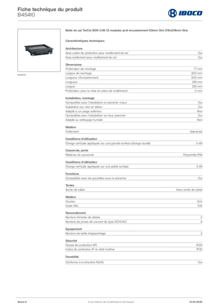Image Iboco Fiche technique du produit B45410 | Hager France