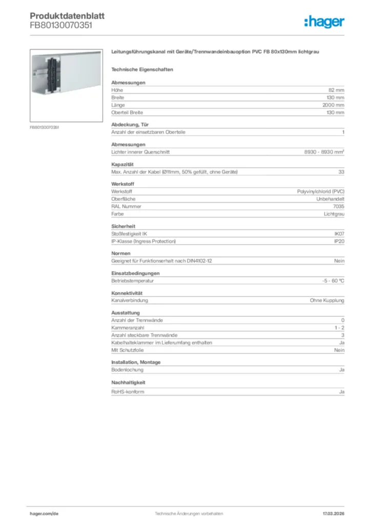 Bild Hager Produktdatenblatt FB80130070351 | Hager Deutschland