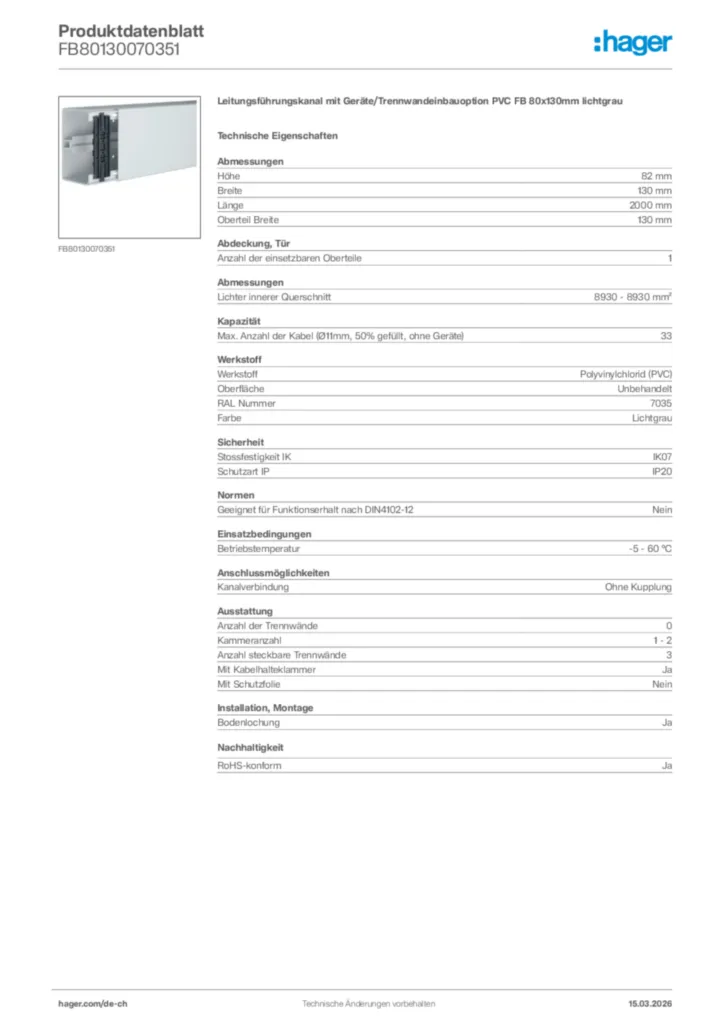 Bild Hager Produktdatenblatt FB80130070351 | Hager Schweiz