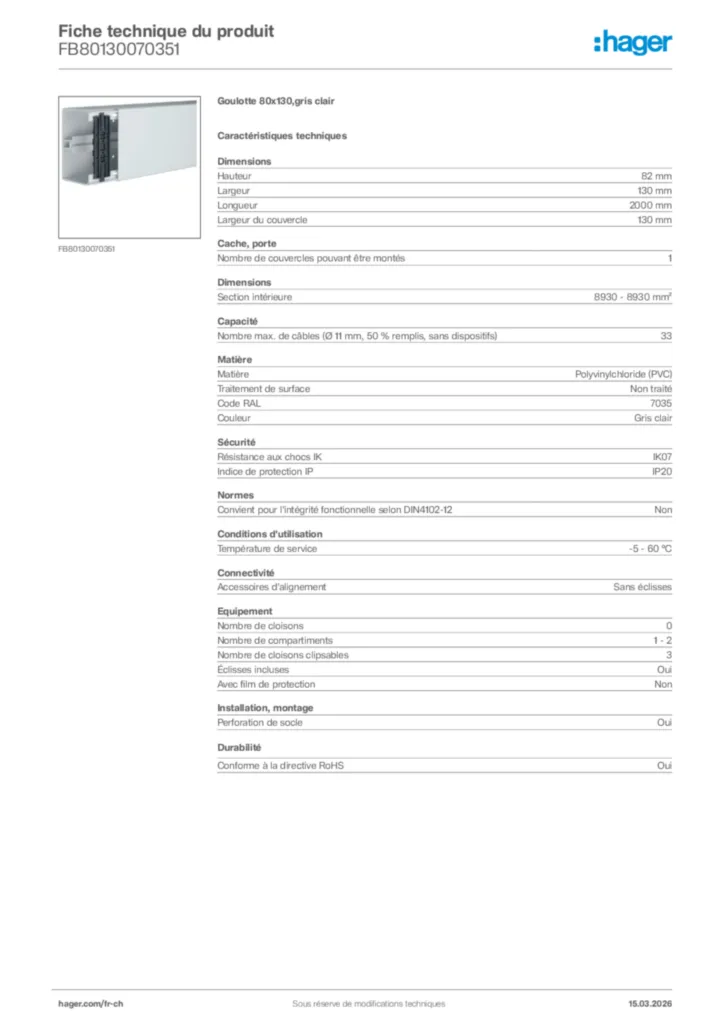 Image Hager Fiche technique du produit FB80130070351 | Hager Suisse