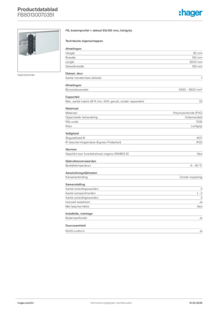 Afbeelding Hager Productdatablad FB80130070351 | Hager Nederland