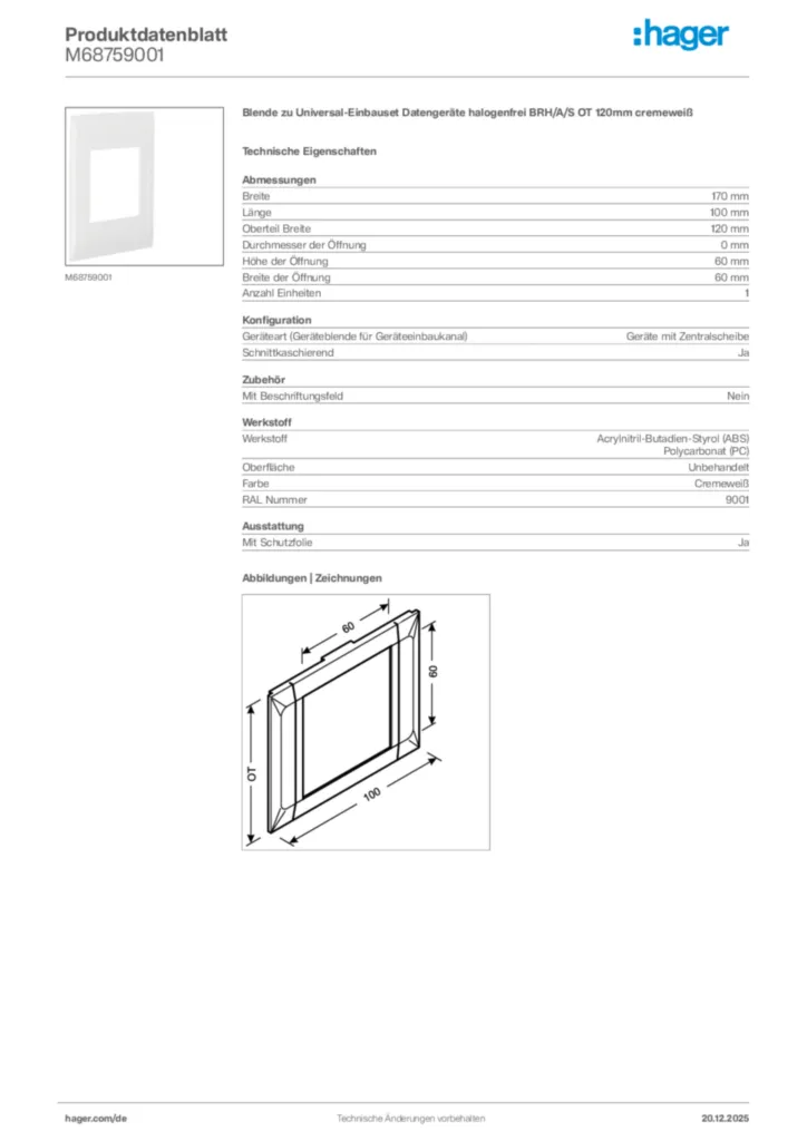 Bild Hager Produktdatenblatt M68759001 | Hager Deutschland