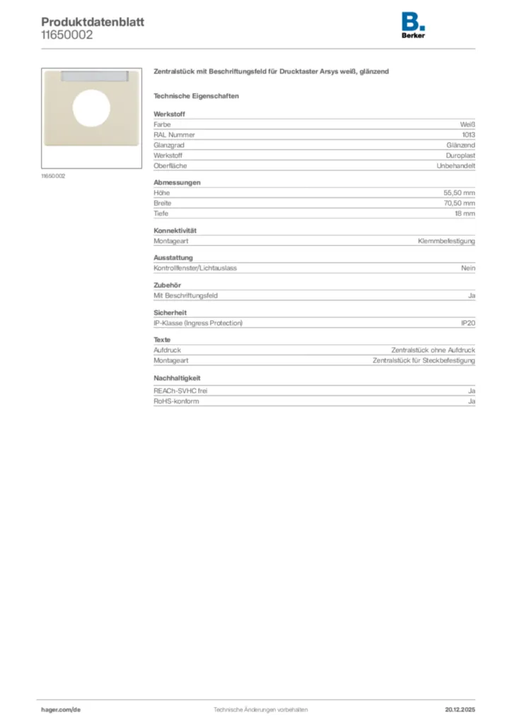 Bild Berker Produktdatenblatt 11650002 | Hager Deutschland