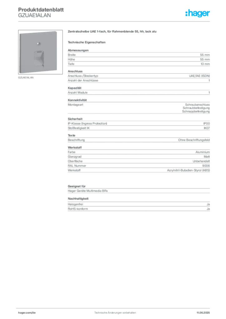 Hager Produktdatenblatt GZUAE1ALAN