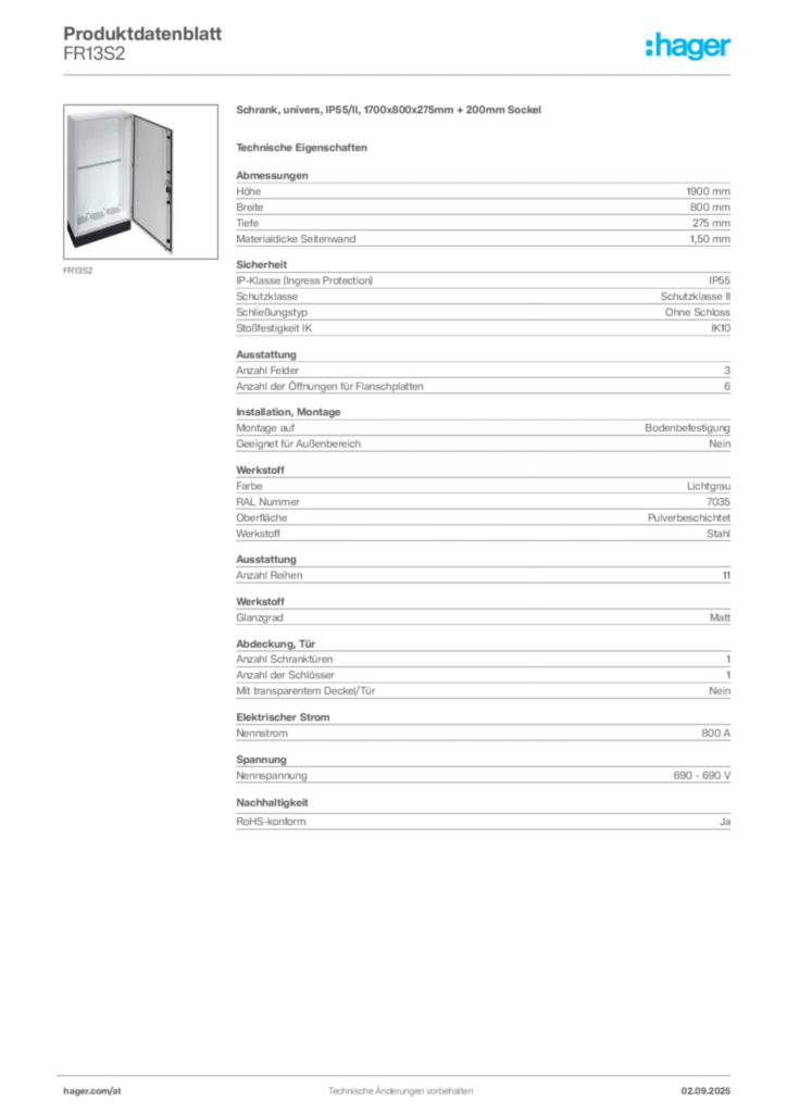 Bild Hager Produktdatenblatt FR13S2 | Hager Deutschland