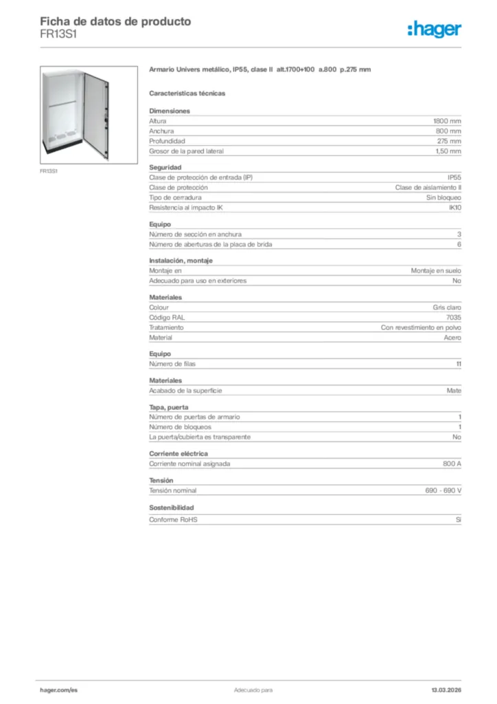 Imagen Hager Ficha de datos de producto FR13S1 | Hager España