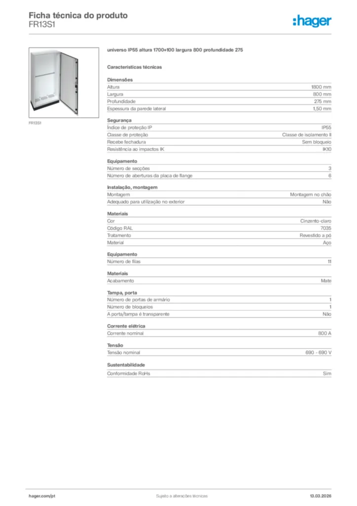 Imagem Hager Ficha técnica do produto FR13S1 | Hager Portugal