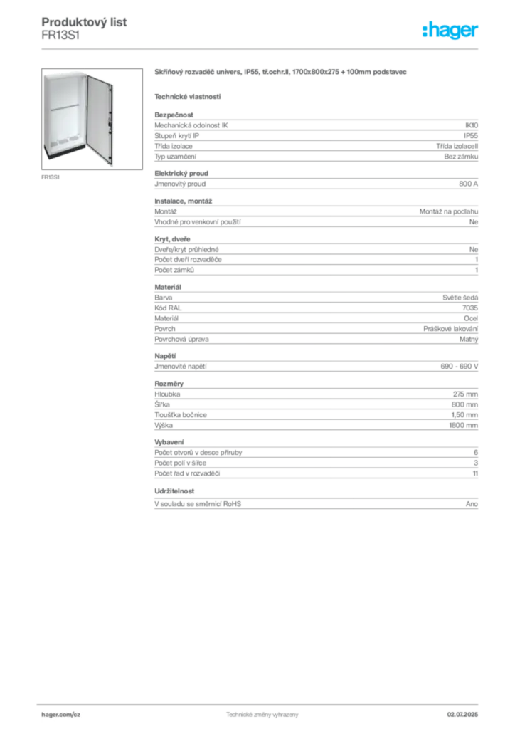 Obrázek Hager Produktový list FR13S1 | Hager