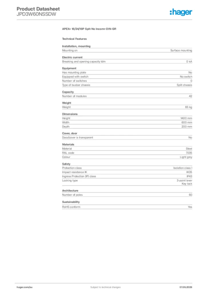 Image Hager Product data sheet JPD3W60NSSDW  | Hager Australia