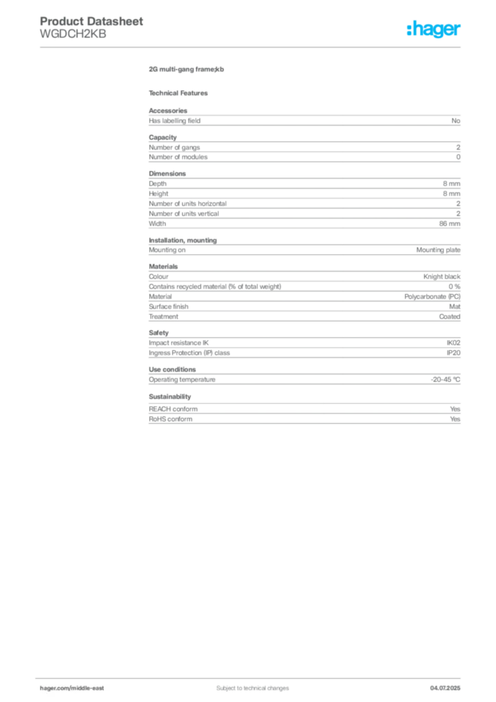 Image Hager Product data sheet WGDCH2KB  | Hager