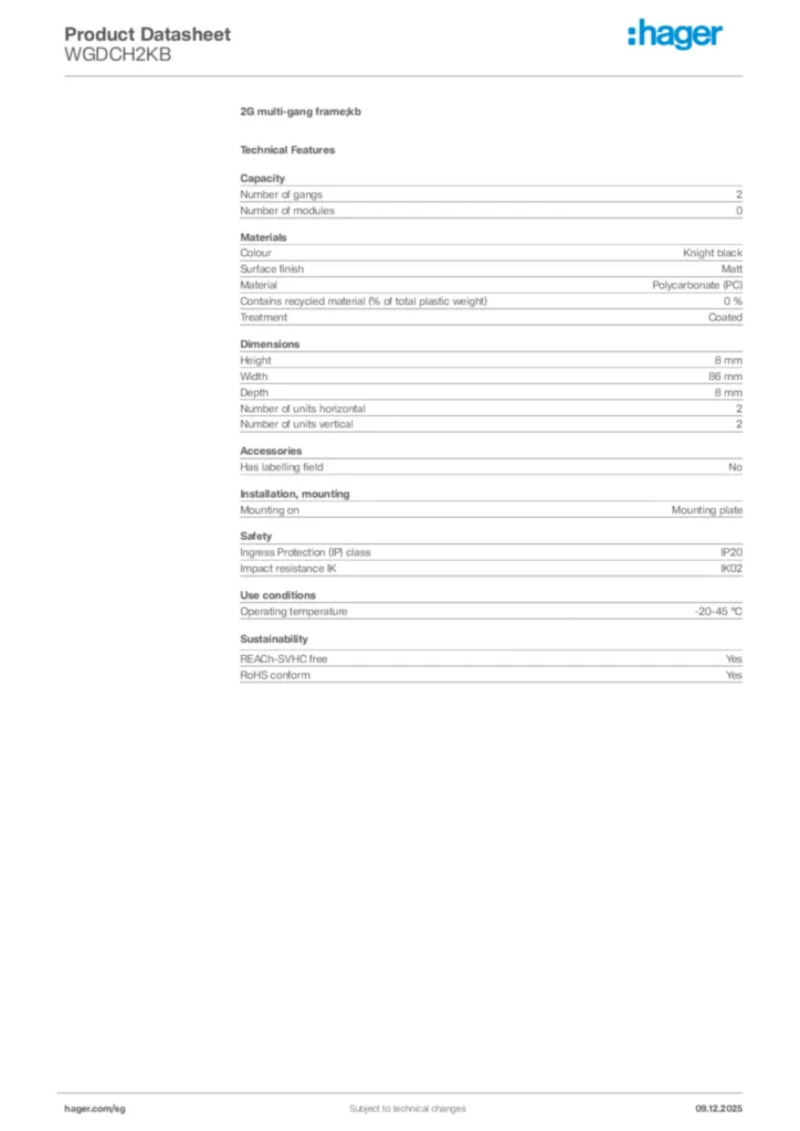 Image Hager Product data sheet WGDCH2KB  | Hager