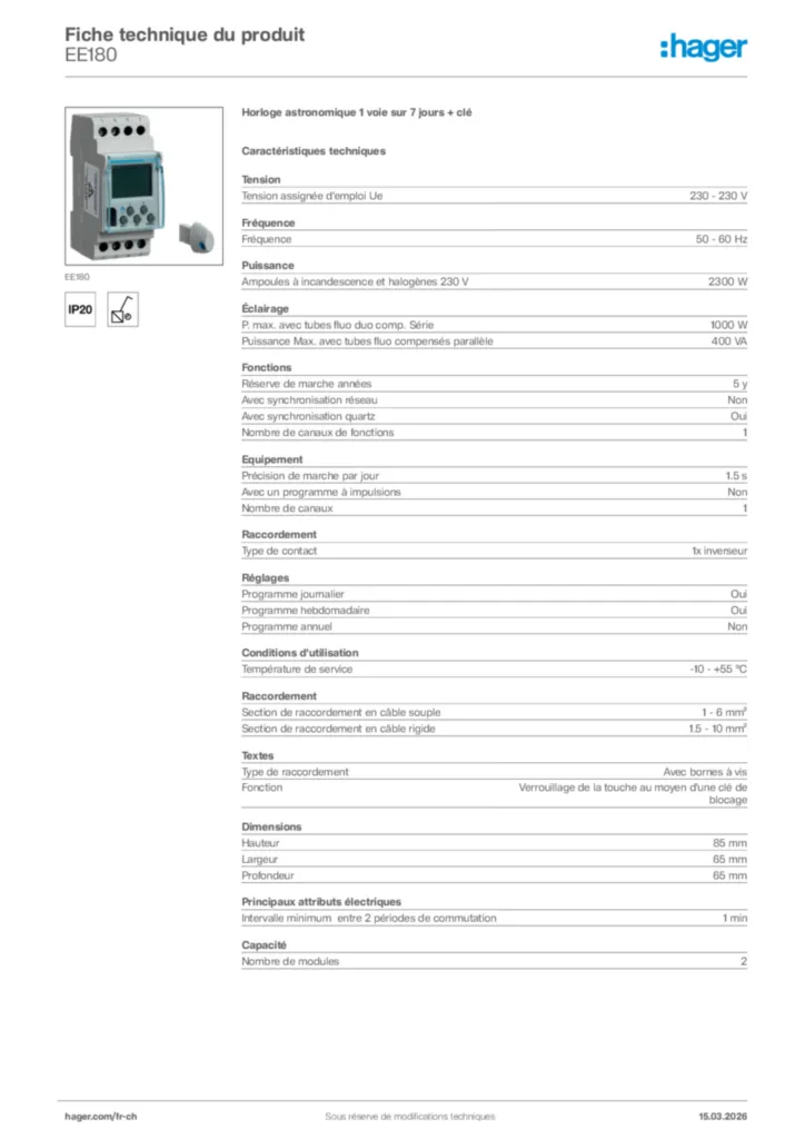 Image Hager Fiche technique du produit EE180 | Hager Suisse