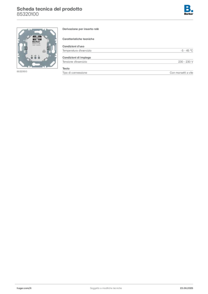 Immagine Berker Scheda tecnica del prodotto 85320100 | Hager Italia