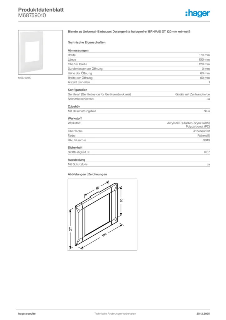 Bild Hager Produktdatenblatt M68759010 | Hager Deutschland