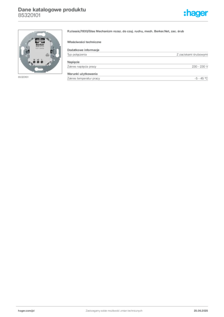 Zdjęcie Hager Karta katalogowa 85320101 | Hager Polska