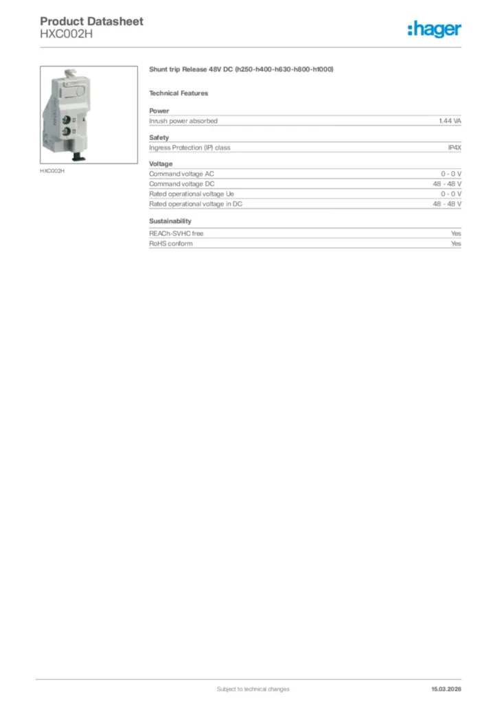 Image Hager Product data sheet HXC002H  | Hager Africa