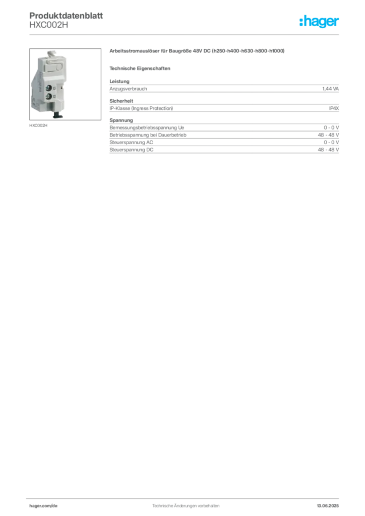 Hager Produktdatenblatt HXC002H