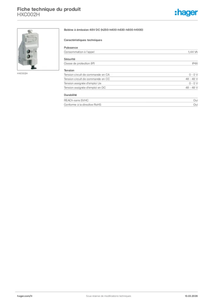 Image Hager Fiche technique du produit HXC002H | Hager France