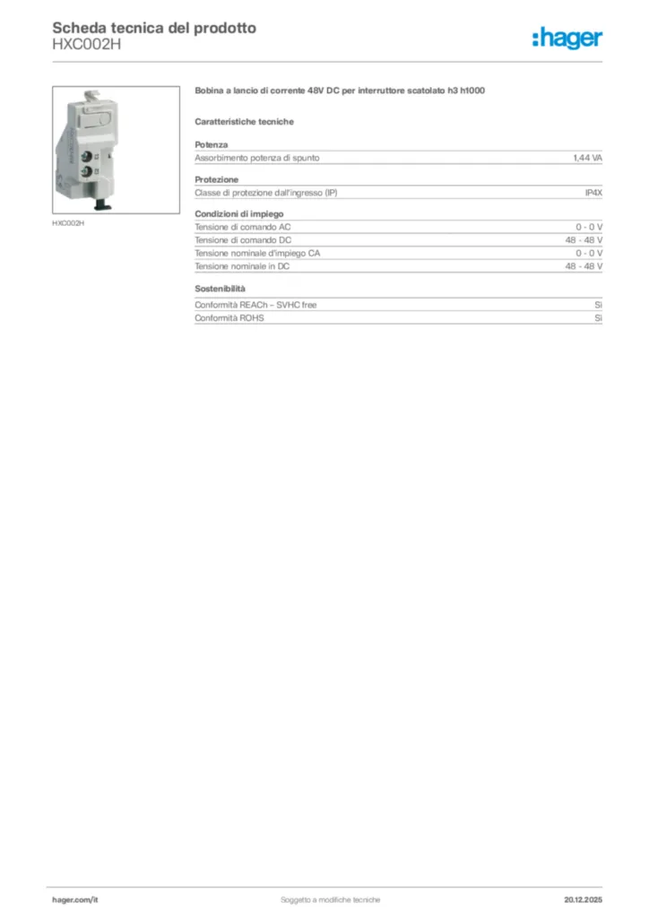 Immagine Hager Scheda tecnica del prodotto HXC002H | Hager Italia