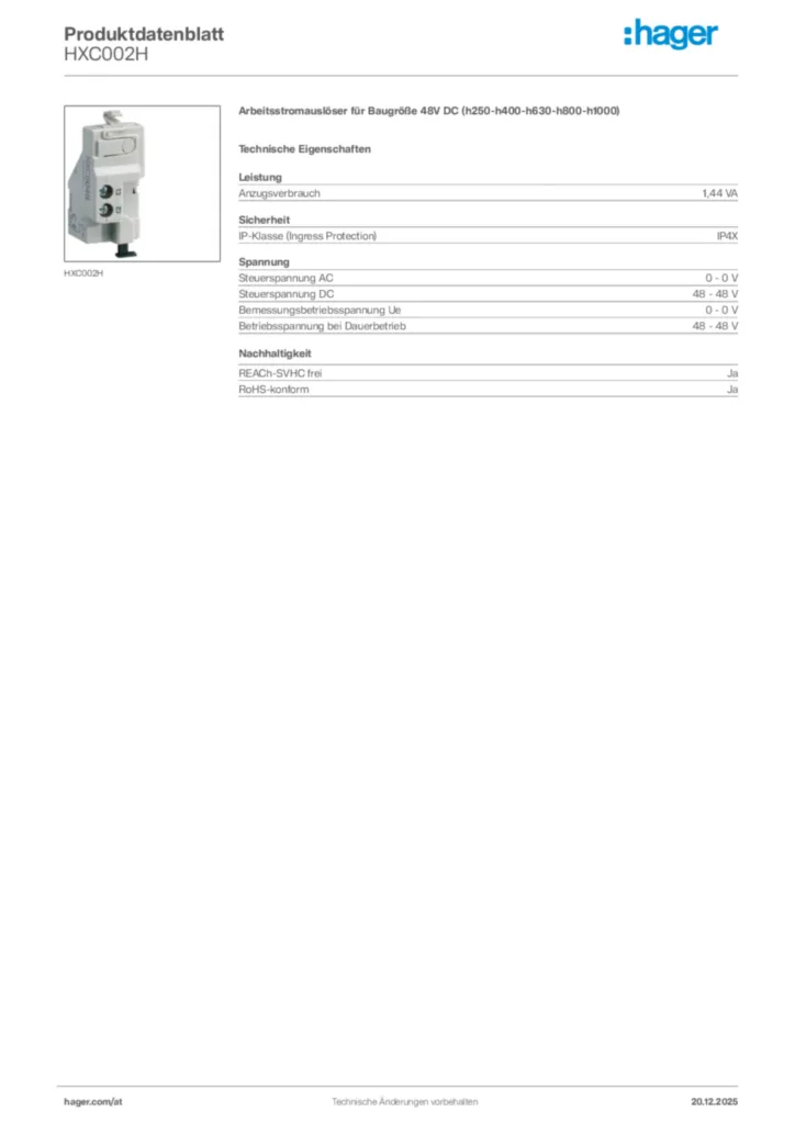 Bild Hager Produktdatenblatt HXC002H | Hager Deutschland