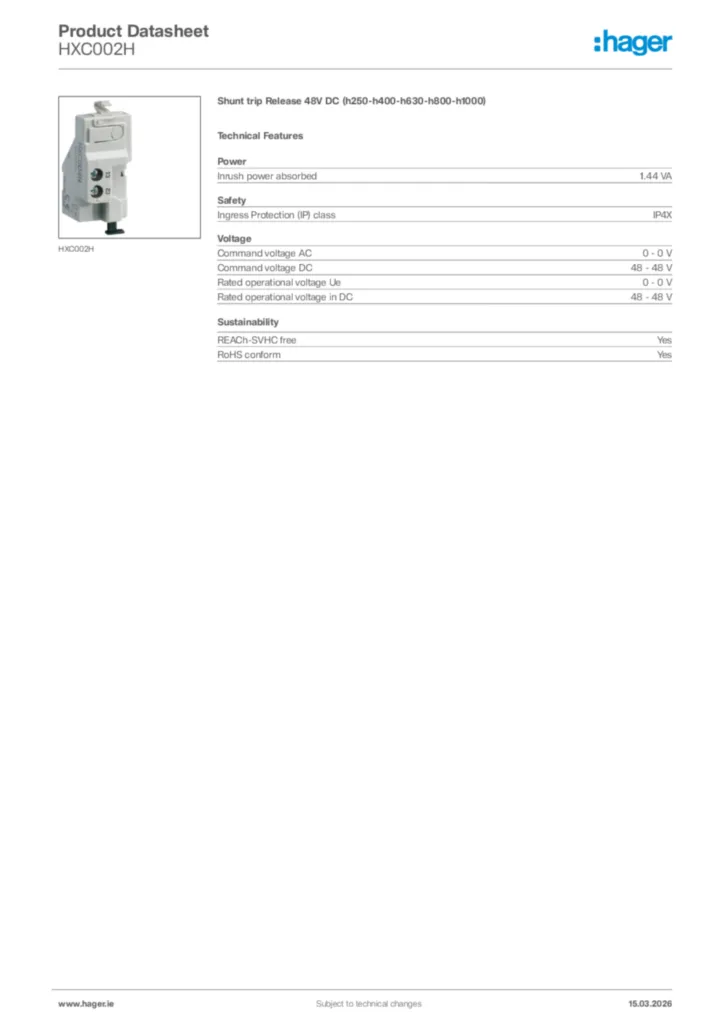 Image Hager Product data sheet HXC002H  | Hager