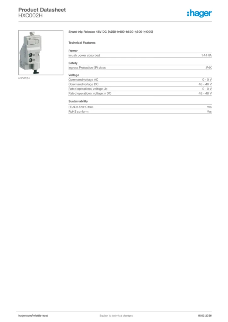 Image Hager Product data sheet HXC002H  | Hager
