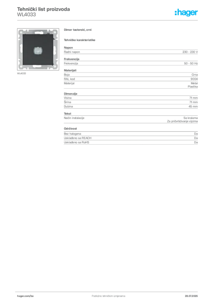 Slika Hager Product data sheet WL4033  | Hager