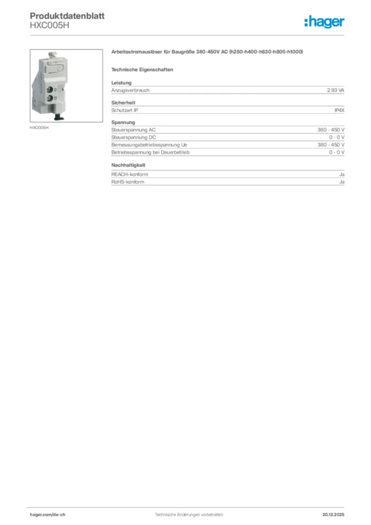 Bild Hager Produktdatenblatt HXC005H | Hager Schweiz