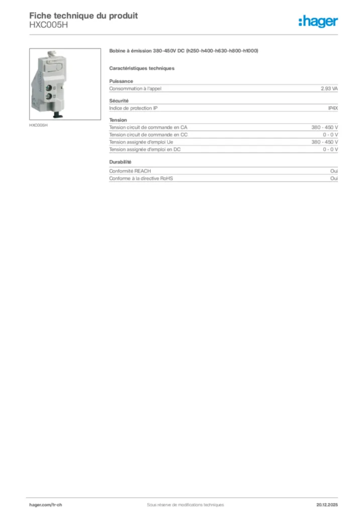 Image Hager Fiche technique du produit HXC005H | Hager Suisse