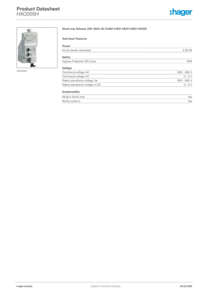 Image Hager Product data sheet HXC005H  | Hager Australia