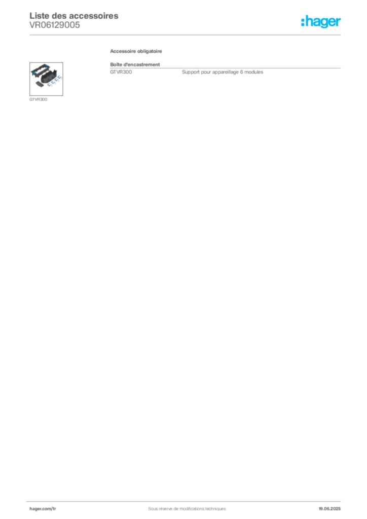 Image Hager Fiche technique du produit VR06129005 | Hager France
