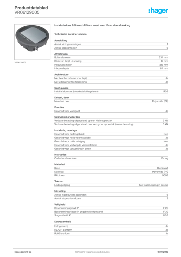 Afbeelding Hager Productdatablad VR06129005 | Hager Belgium