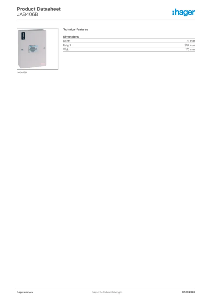Image Hager Product data sheet JAB406B  | Hager