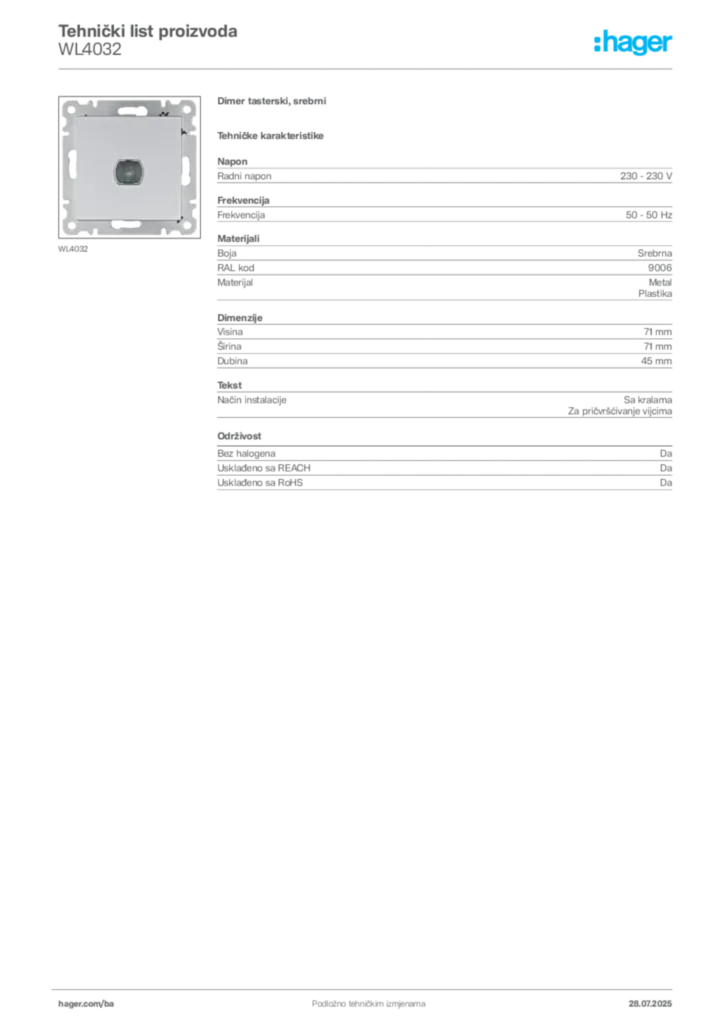 Slika Hager Product data sheet WL4032  | Hager