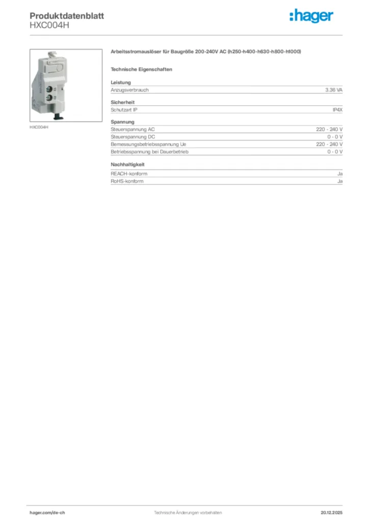 Bild Hager Produktdatenblatt HXC004H | Hager Schweiz