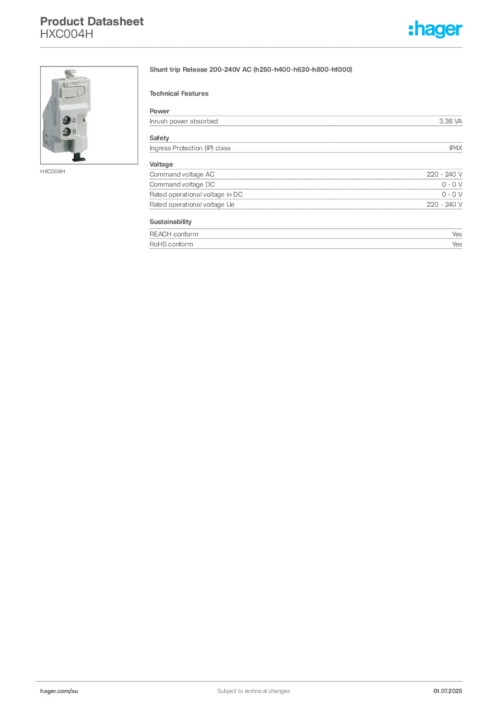 Image Hager Product data sheet HXC004H  | Hager Australia