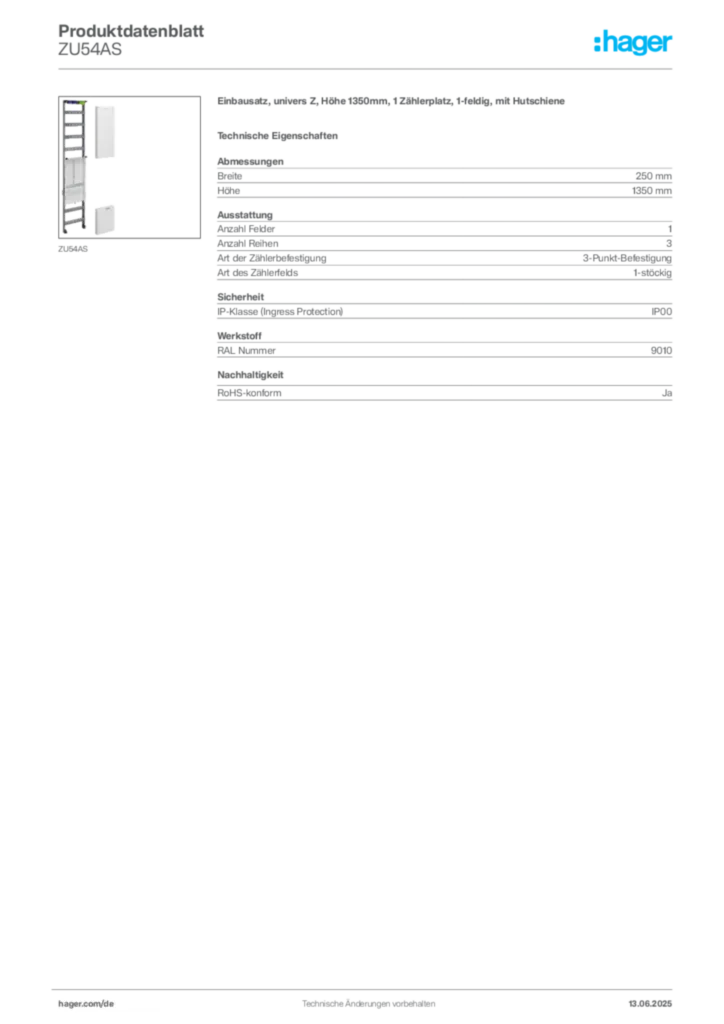 Bild Hager Produktdatenblatt ZU54AS | Hager Deutschland