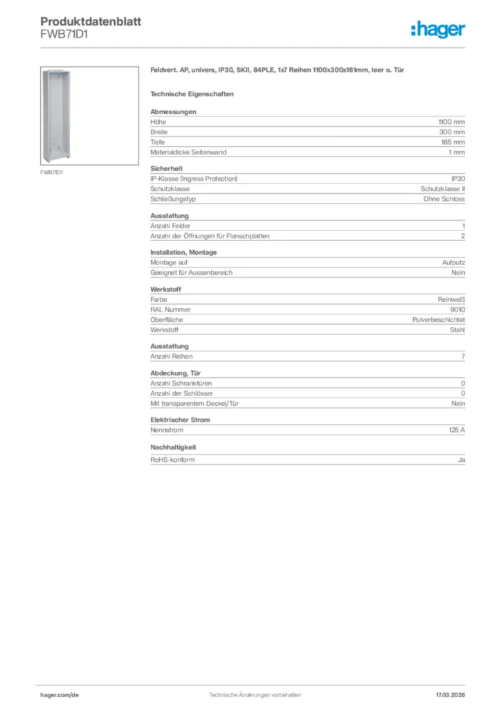 Bild Hager Produktdatenblatt FWB71D1 | Hager Deutschland