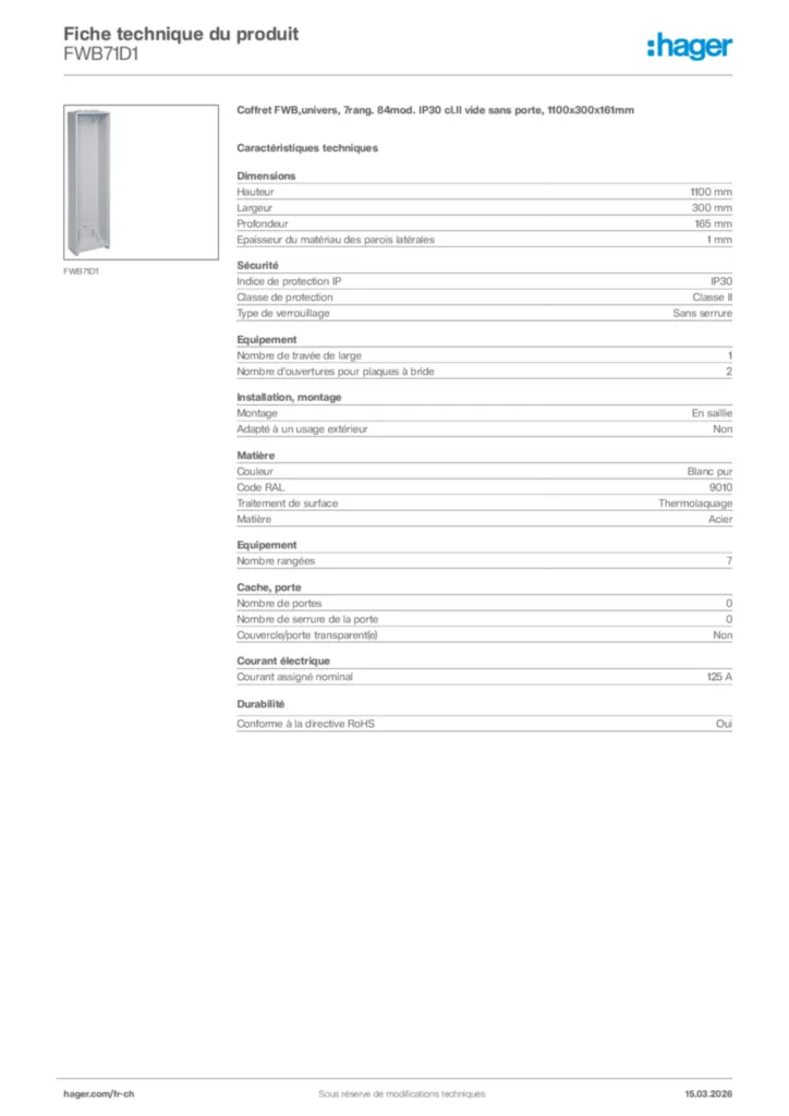 Image Hager Fiche technique du produit FWB71D1 | Hager Suisse