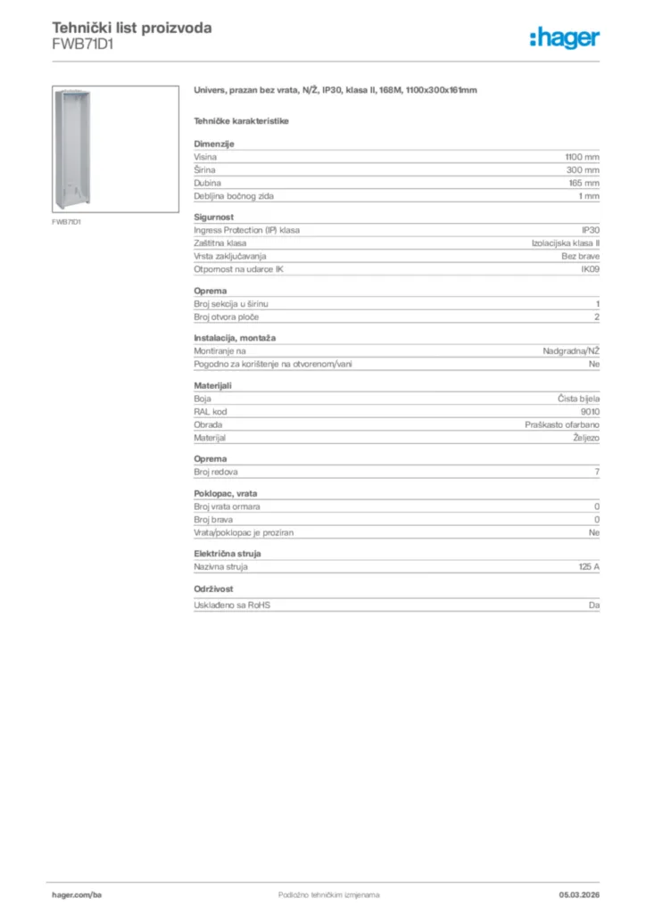 Slika Hager Tehnički list proizvoda FWB71D1  | Hager