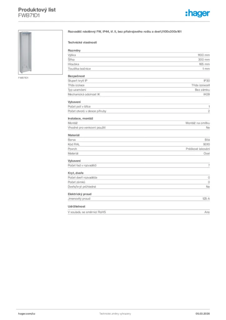 Obrázek Hager Product data sheet FWB71D1 | Hager
