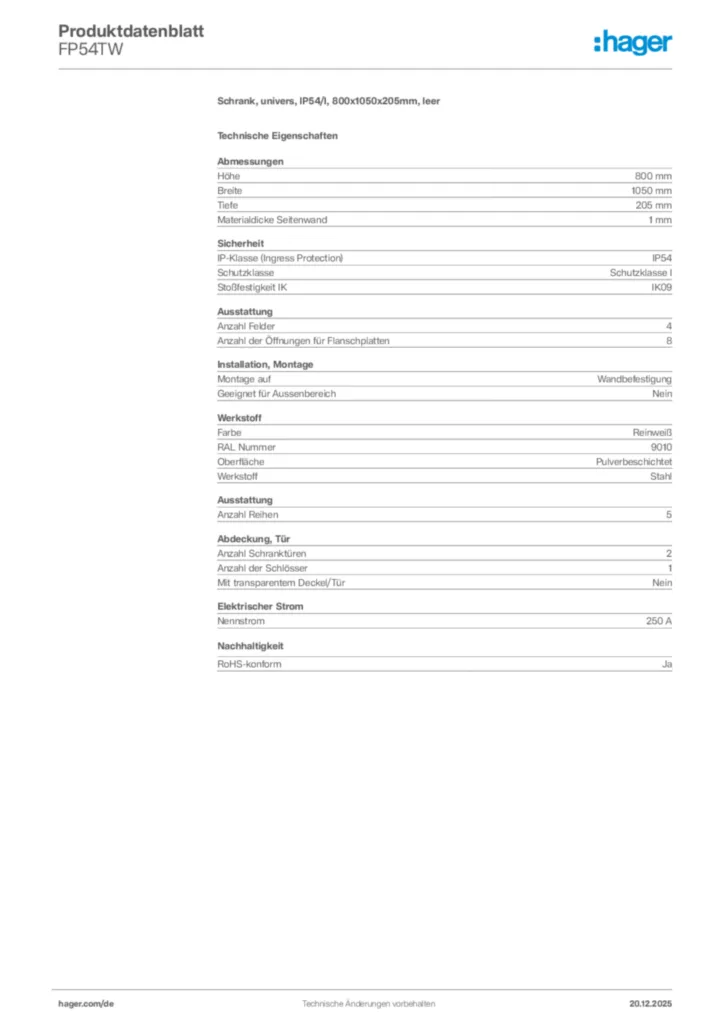 Bild Hager Produktdatenblatt FP54TW | Hager Deutschland