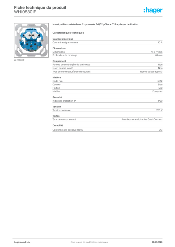 Image Hager Fiche technique du produit WH108801F | Hager Suisse
