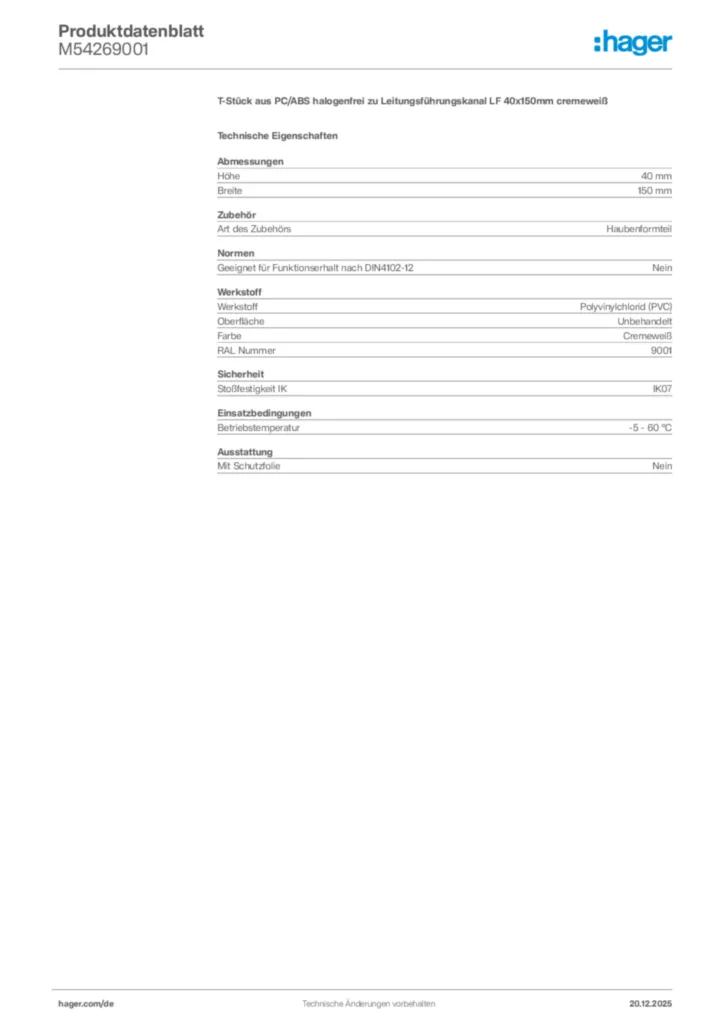Bild Hager Produktdatenblatt M54269001 | Hager Deutschland