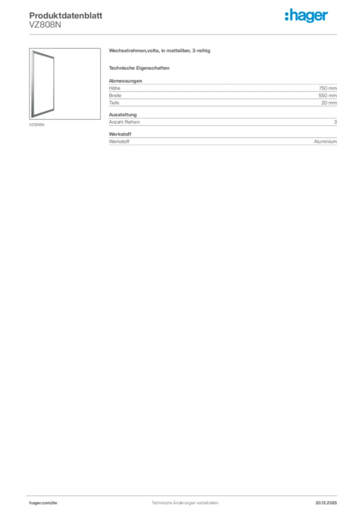Bild Hager Produktdatenblatt VZ808N | Hager Deutschland